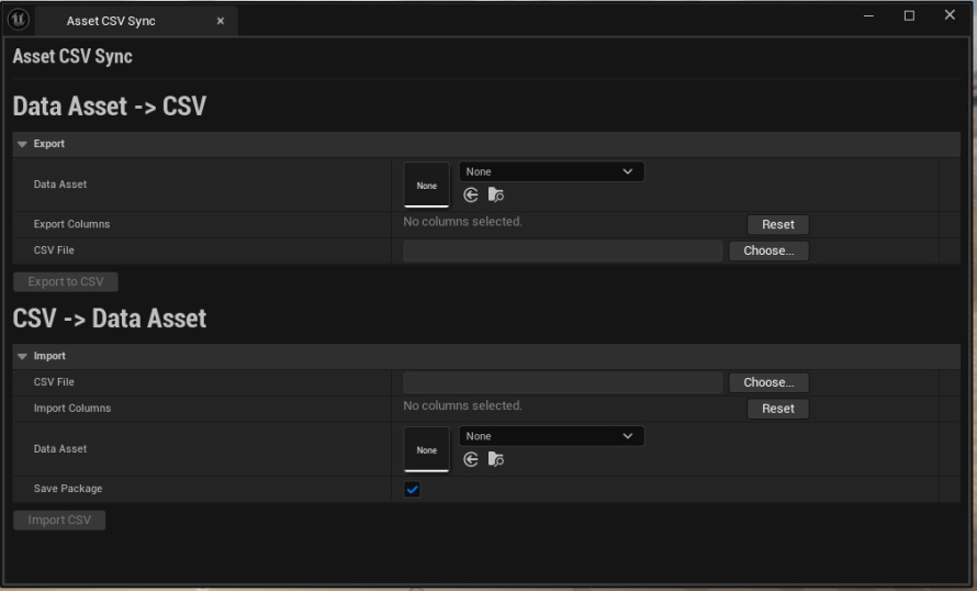 The plugin&rsquo;s main editor window inside Unreal Engine. Designers can export DataAssets to CSV, edit them externally, then import the modified data back into the project.