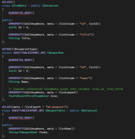 The entire CSV mapping is declared directly through Unreal metadata tags. 