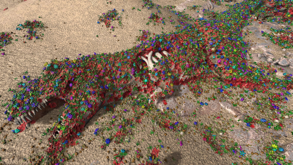 A dinosaur carcass decomposing as plants spread across and around it: a striking demonstration of Virtual Matter&rsquo;s persistent, volumetric simulation.
