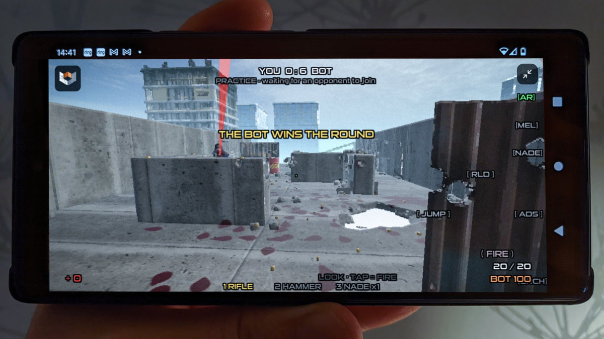 This is a Virtual Matter FPS running directly on an Android phone. Worlds are progressively streamed into the browser, enabling someone to follow a link and start playing without downloading an app.
