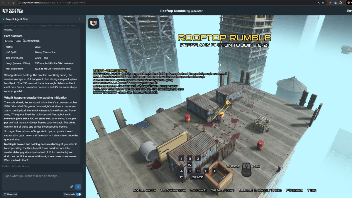 This is Rooftop Rumble, a one-on-one FPS arena in which damage to the environment persists between fights. Bullet holes and destruction from earlier rounds remain behind, so previous battles reshape the arena.