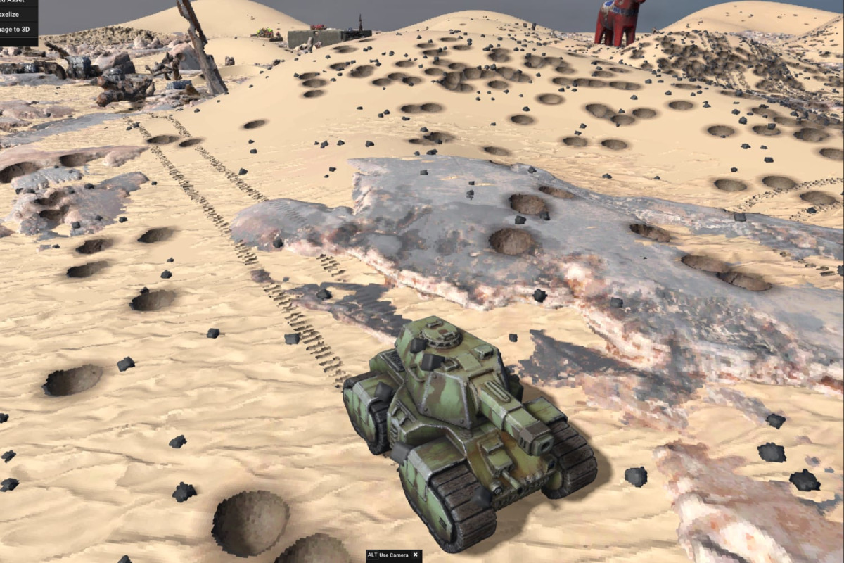 A tank crosses a cratered landscape, showing how the world can retain evidence of destruction. Unlike a conventional game surface that resets, Atomontage&rsquo;s volumetric matter stores changes to the environment.