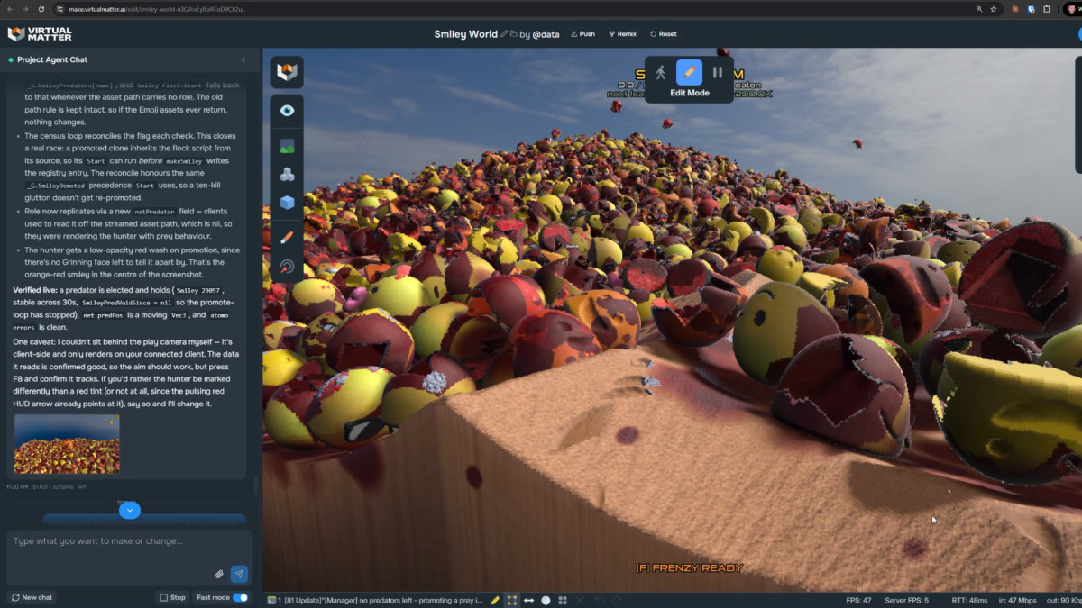 Witness a chaotic Virtual Matter ecosystem packed with hundreds of creatures interacting in the same simulated space. Atomontage&rsquo;s underlying thesis is that worlds can evolve from simple behaviours.