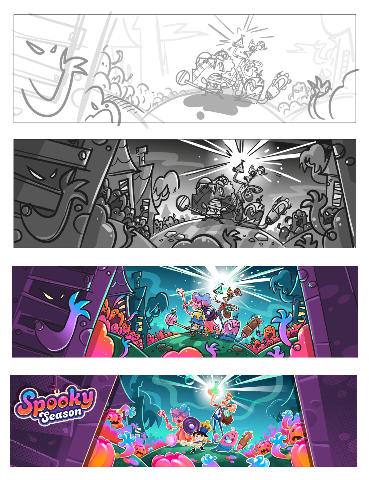 Spooky Season from early sketch to final art, copyright of King.com Ltd.