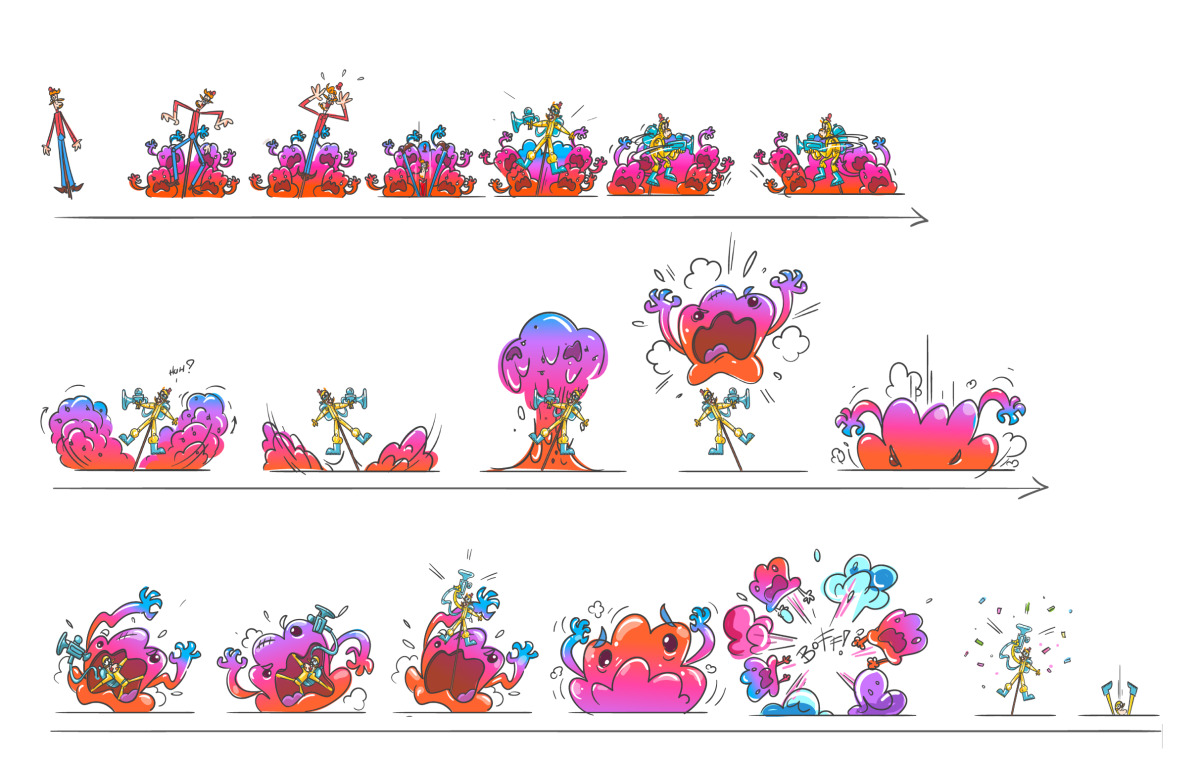 Thumbnail drawings depicting Mr Toffee meeting the Jellynauts, copyright of King.com Ltd.