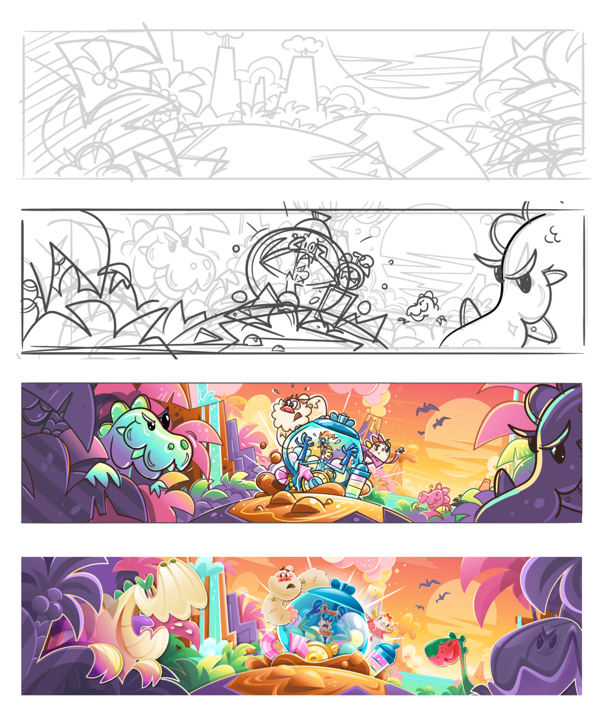 Jurassic Season's key art process, copyright of King.com Ltd.