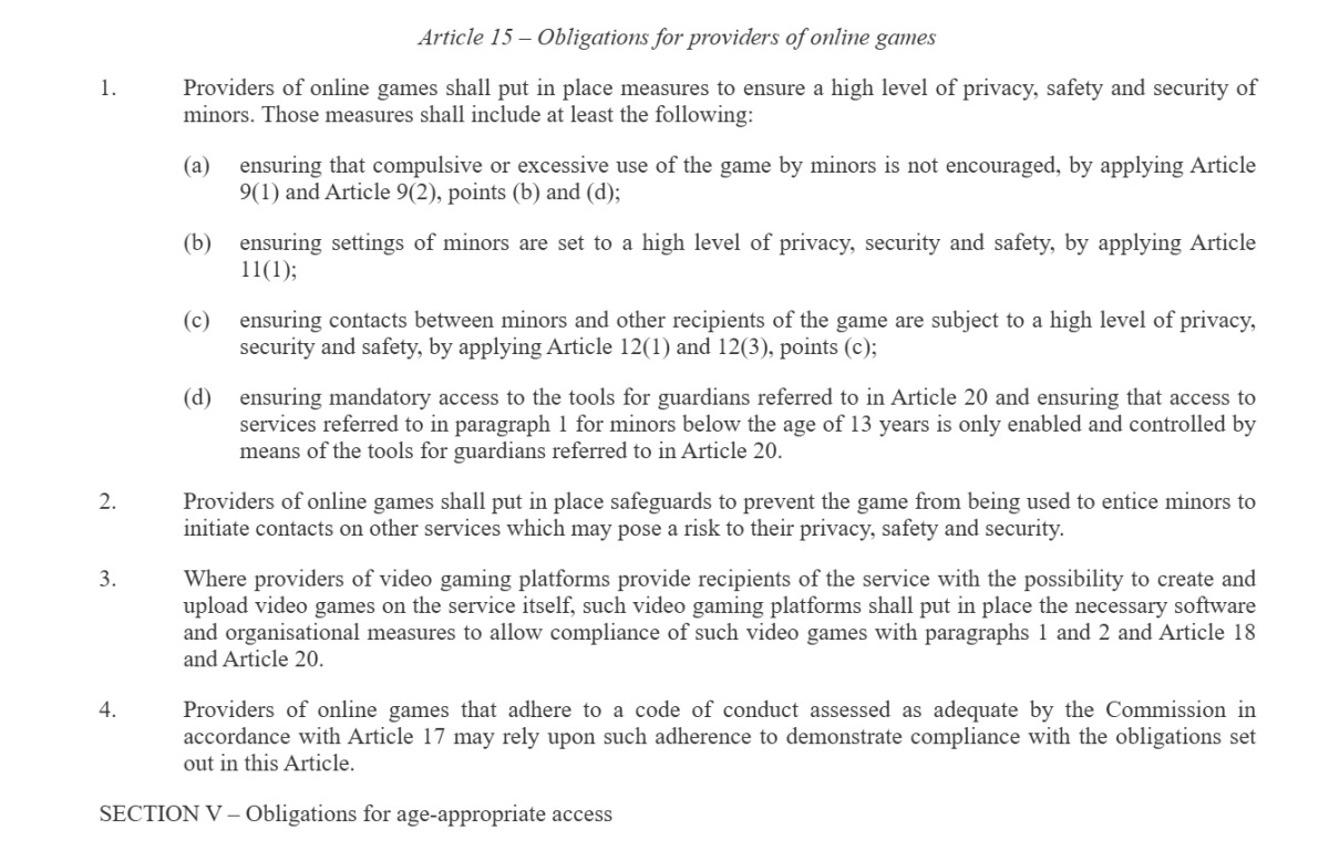 The EU Kids Act Article 15, which applies to online games.