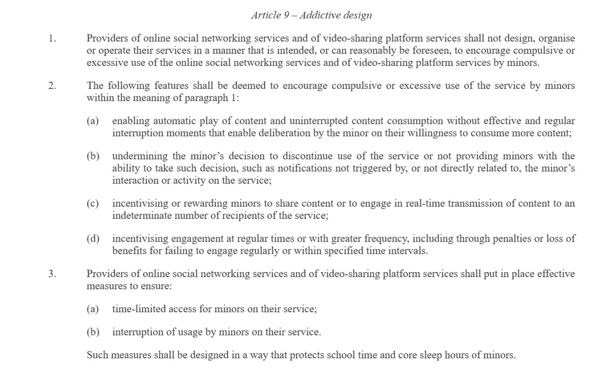 Article 9 of the EU Kids Act contains some relevant actions for online games.